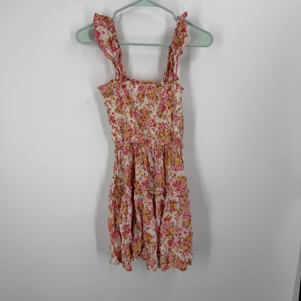 Aerie Floral Mini Dress Women Medium Pink Smocked Ruffle Strap Tiered